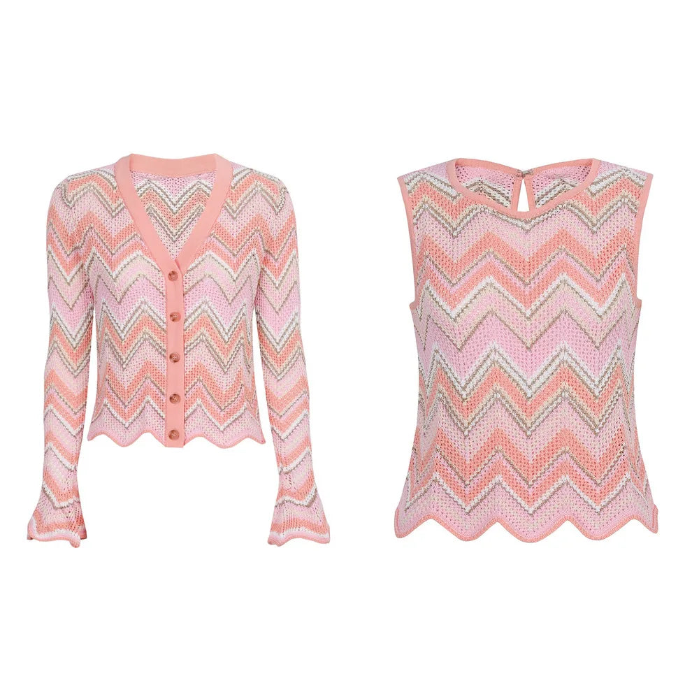 Pink Zigzag Knit Co-Ord Set – Sleeveless Top, Cardigan & Wide-Leg Pants