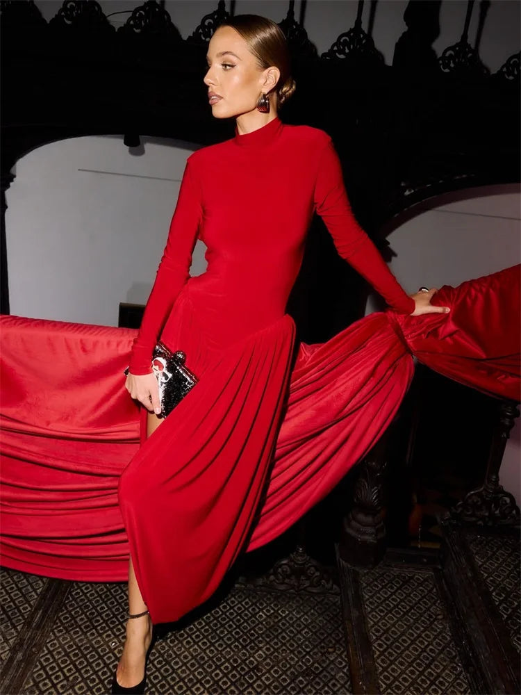 Elegant Backless Long Sleeve Pleated Dress – High Waist Bodycon Evening Gown