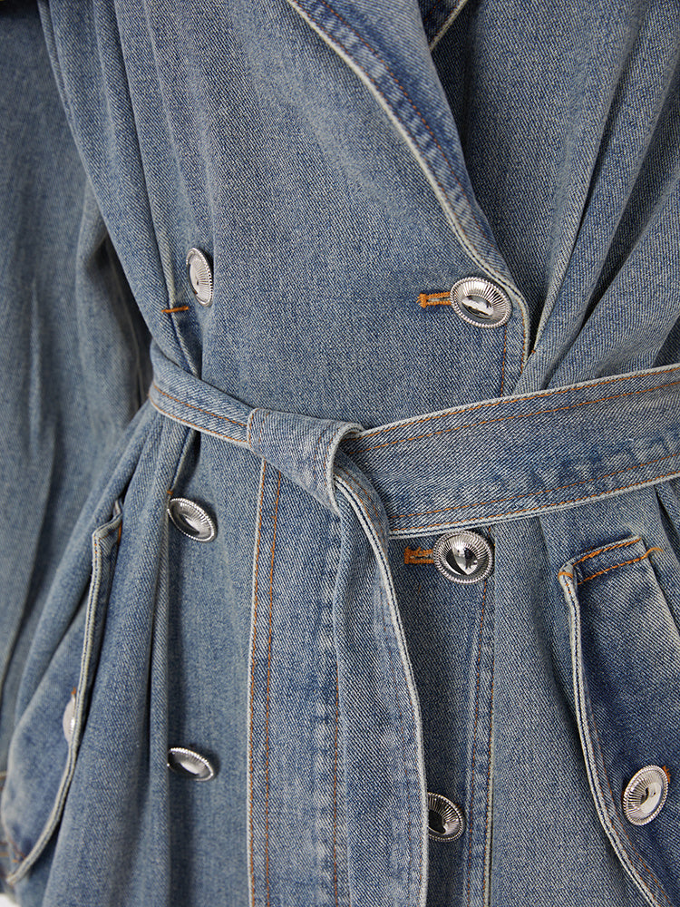 Denim Trench Coat with Belt – Women’s Long Denim Trench Coat