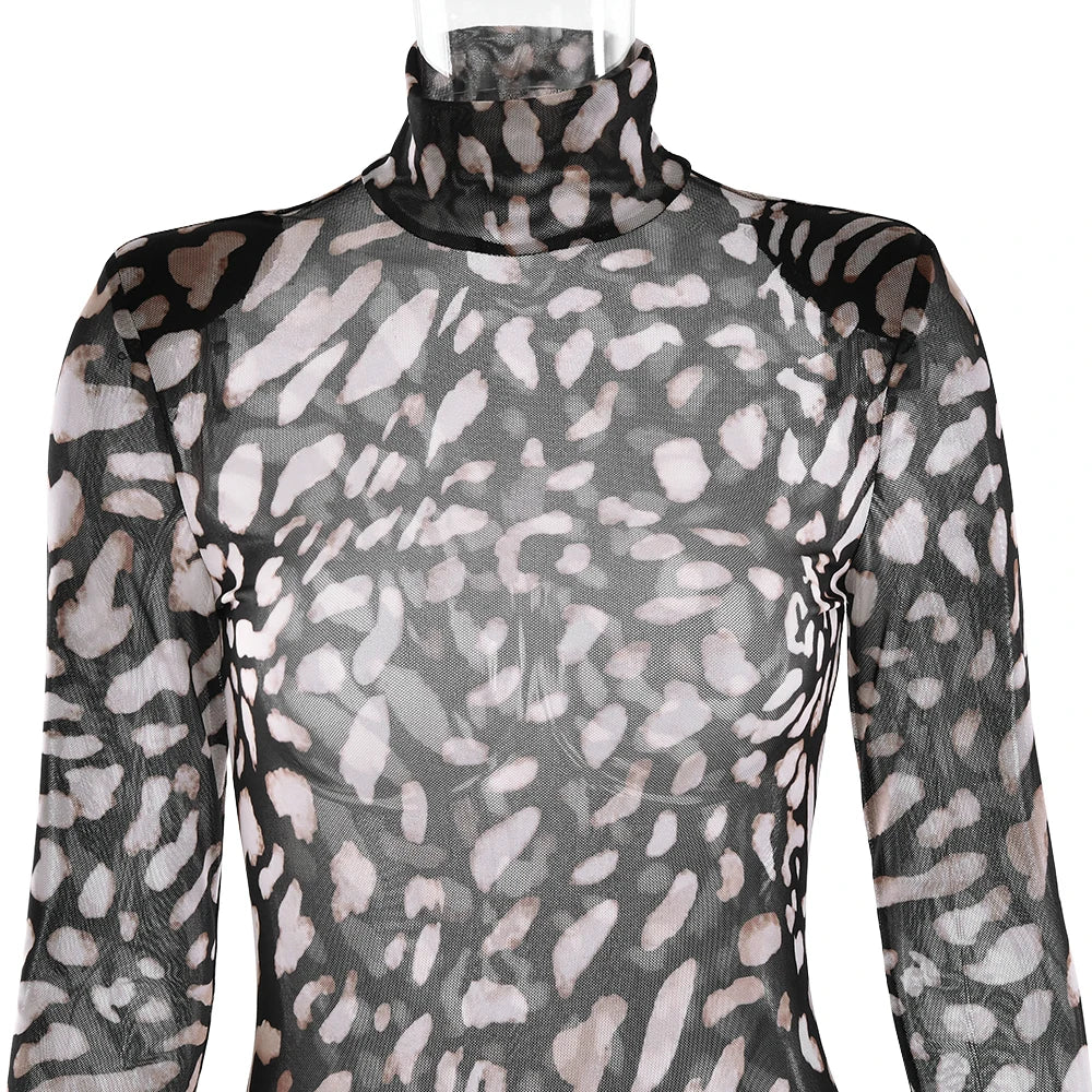 LEOPARD PRINT LONG SLEEVE MINI DRESS with TRAIN