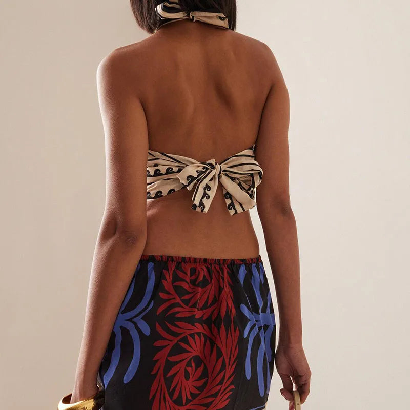 Boho Pattern Halter Mini Dress – Summer Printed Sleeveless Dress