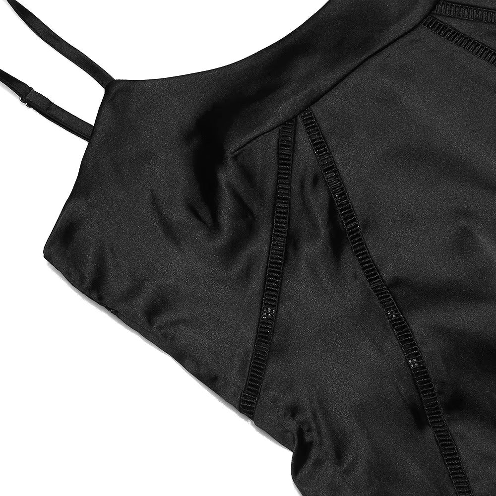 BLACK SATIN LACE-UP BACKLESS MAXI DRESS