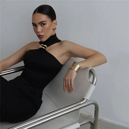 TURTLENECK OFF-SHOULDER BLACK MIDI DRESS