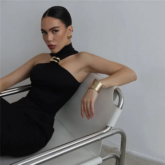 TURTLENECK OFF-SHOULDER BLACK MIDI DRESS