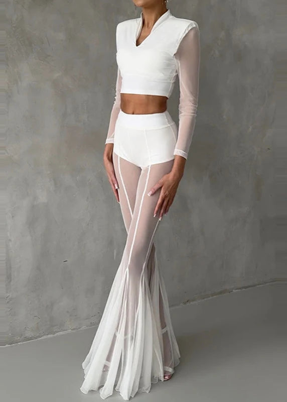 Sheer Flared Pleated Trousers – High Waist Transparent Wide Leg Pants