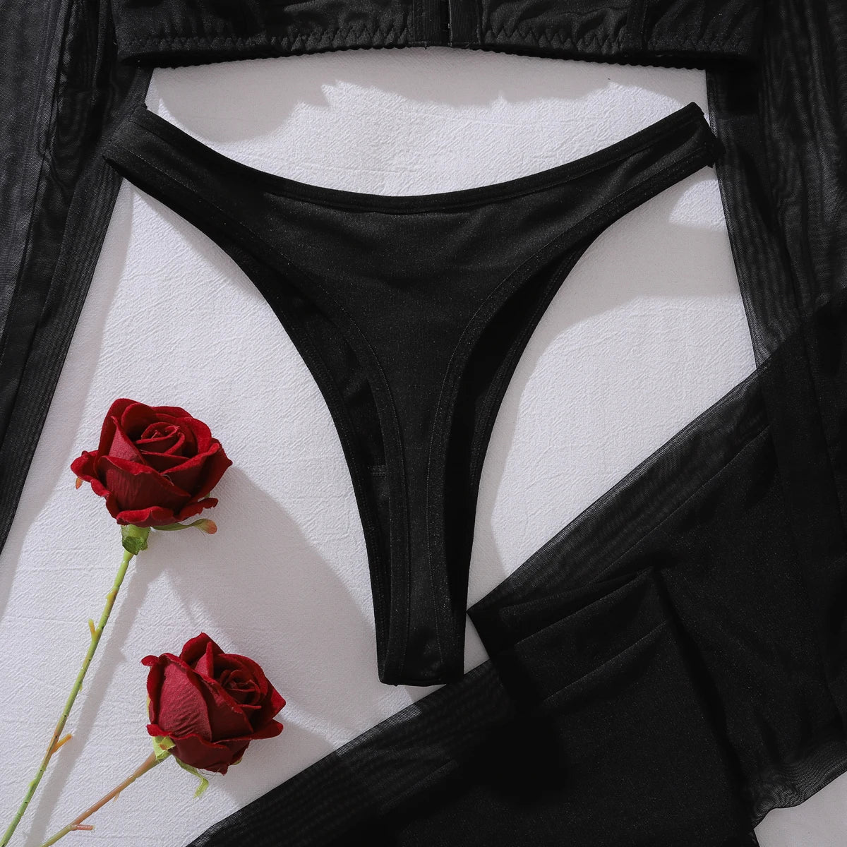 Seductive Sexy Lingerie See Through Long Sleeve Top Brief 2PC Set with Stockings Intimate Ultra Hot Party Night Outfit