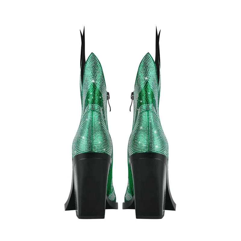 FLAME SHAPE SHORT BOOTS THICK HEEL decorated with CRYSTALS