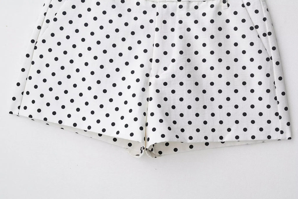 Polka Dot Two Piece Set with High Neck Jacket and Matching Pants or Shorts