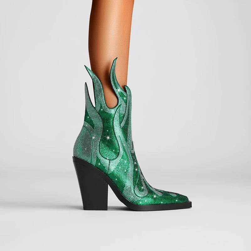 FLAME SHAPE SHORT BOOTS THICK HEEL decorated with CRYSTALS