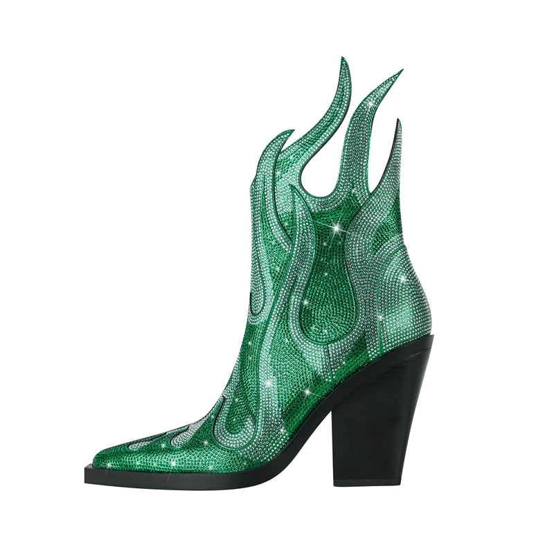 FLAME SHAPE SHORT BOOTS THICK HEEL decorated with CRYSTALS
