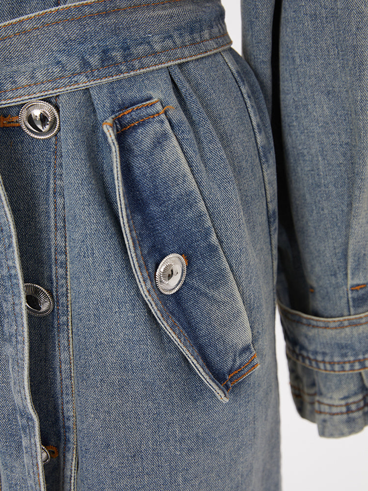 Denim Trench Coat with Belt – Women’s Long Denim Trench Coat