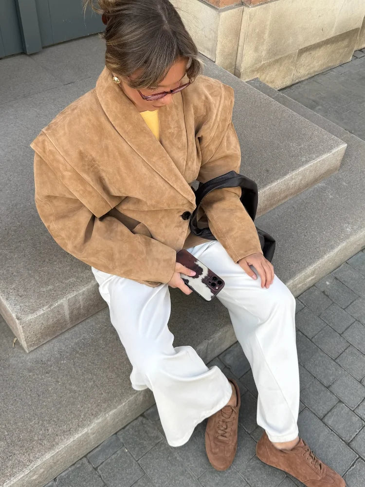 Autumn Suede Blazer for Women – Elegant One Button Lapel Jacket with Shoulder Pads | Khaki & Brown Streetwear