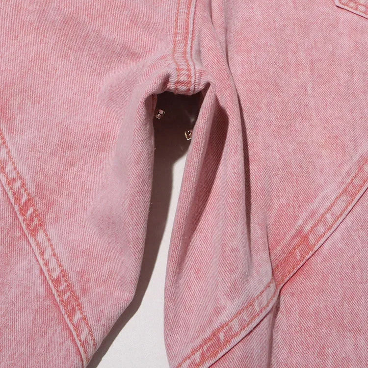 Pink High Waist Wide Leg Denim Trousers with Rhinestone Cut-Out