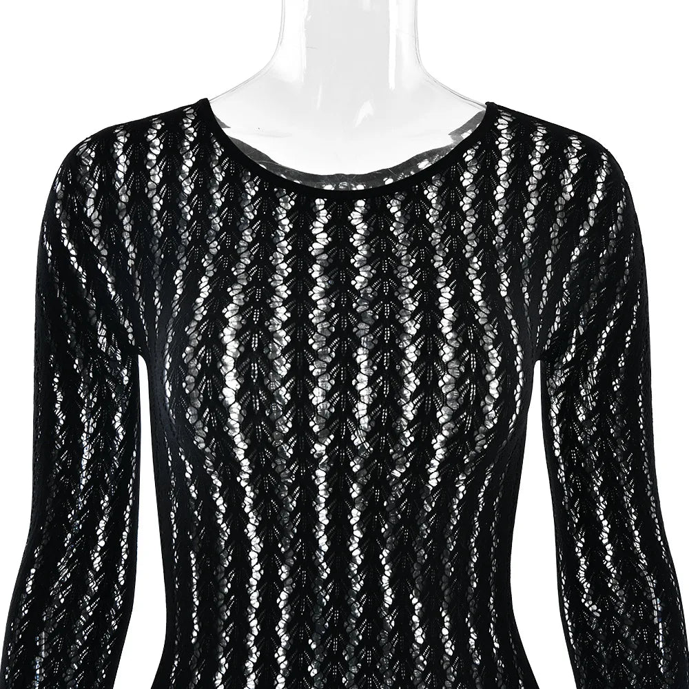 Black Seamless See-Through Jacquard Long Sleeve Jumpsuit – Women’s One-Piece Bodycon Clubwear | CTRL NUIT