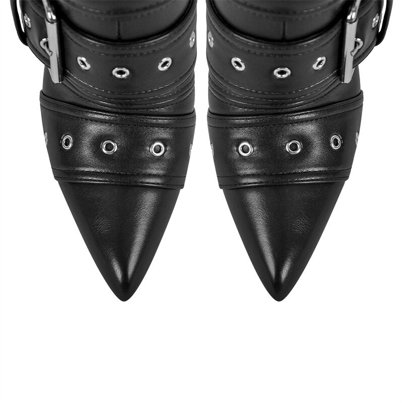 POINTED HEELED BOOTS decorated with BELTS