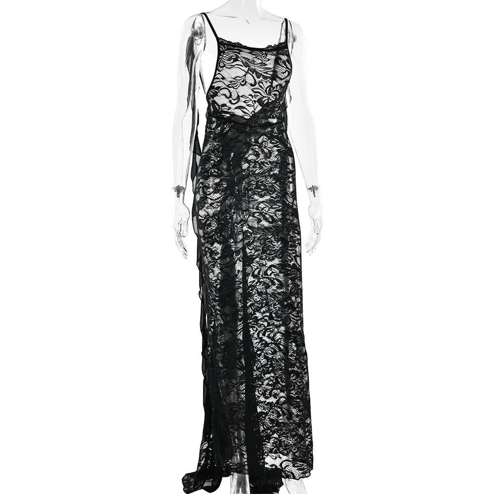 LACE BACKLESS TRAILING MAXI DRESS