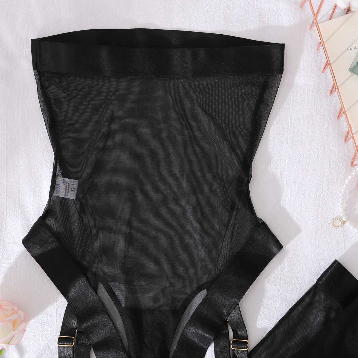 Sheer Mesh Off Shoulder Bodysuit 2 Piece Set – Sexy Open Crotch Stocking Body Lingerie