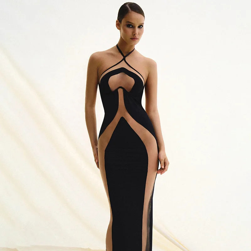 HOLLOW OUT NECK HANGING SLIT MESH BLACK MIDI DRESS