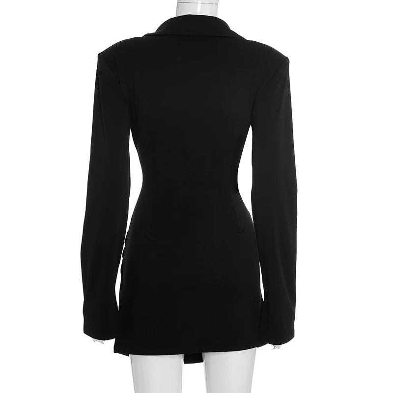 Deep V-Neck Long Sleeve Ruched Mini Dress – High-Waist Structured Blazer Dress | CTRL NUIT