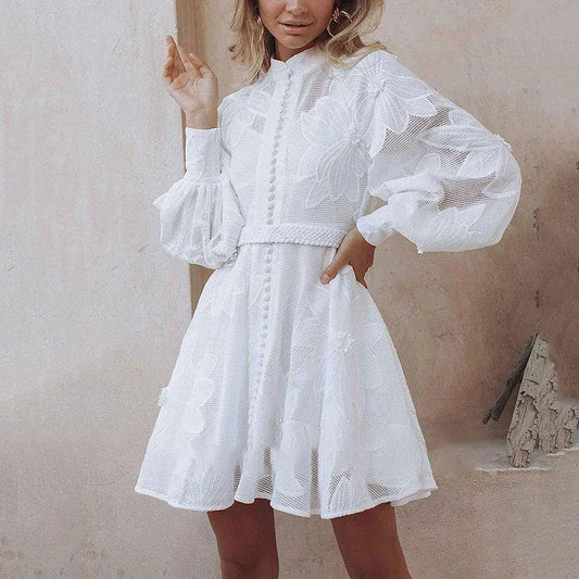 LONG SLEEVE PATCHWORK WHITE DRESS