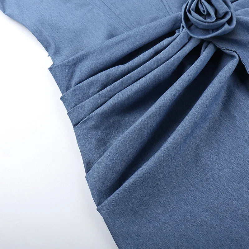 FLOWER BOW DENIM MINI DRESS
