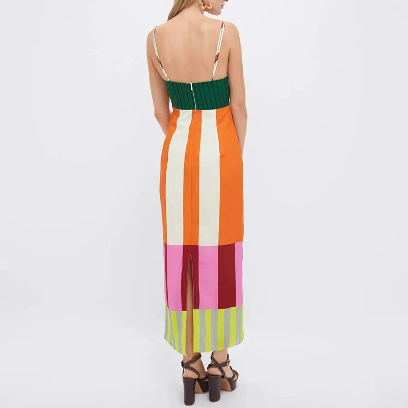 COLORFUL CONTRAST STRIPED STRAP MAXI DRESS