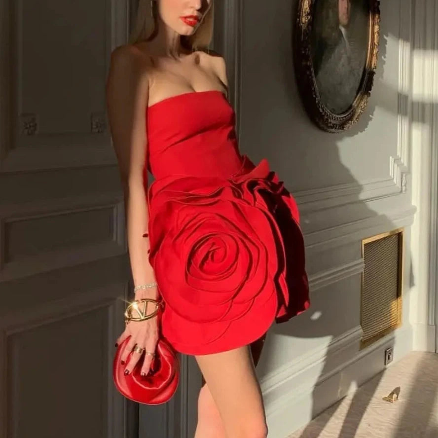 FLOWER decorated RED MINI DRESS