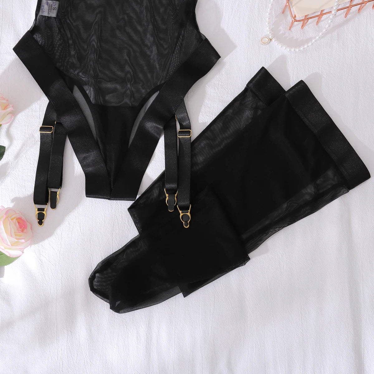 Sheer Mesh Off Shoulder Bodysuit 2 Piece Set – Sexy Open Crotch Stocking Body Lingerie