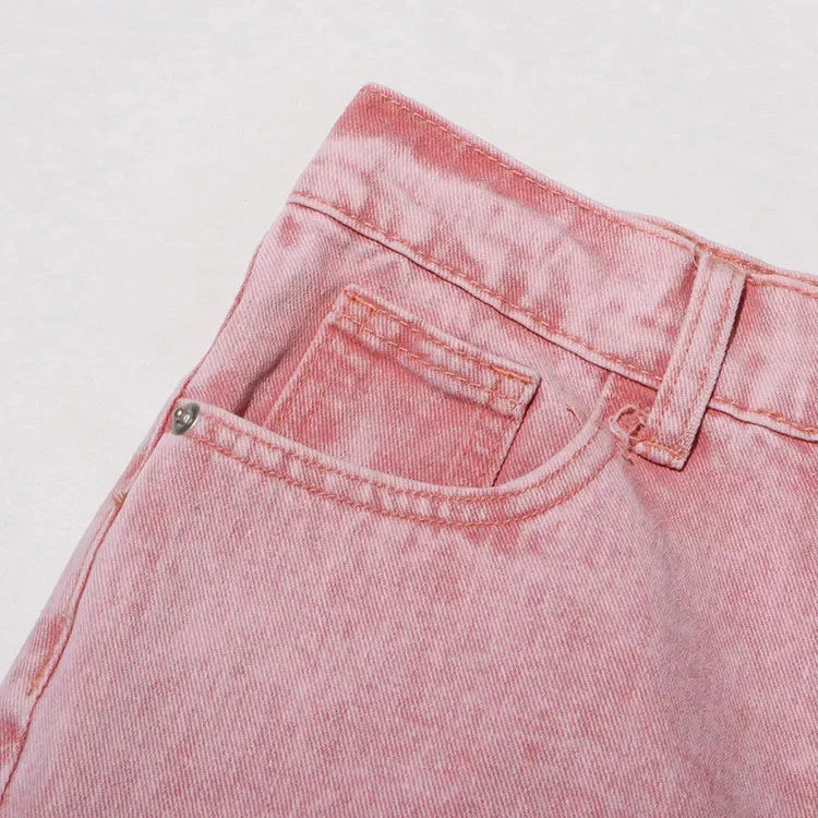Pink High Waist Wide Leg Denim Trousers with Rhinestone Cut-Out