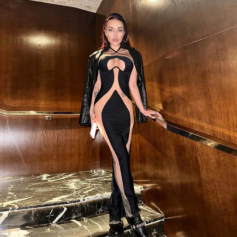 HOLLOW OUT NECK HANGING SLIT MESH BLACK MIDI DRESS