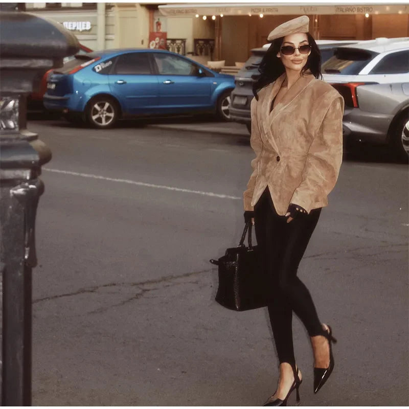 Autumn Suede Blazer for Women – Elegant One Button Lapel Jacket with Shoulder Pads | Khaki & Brown Streetwear