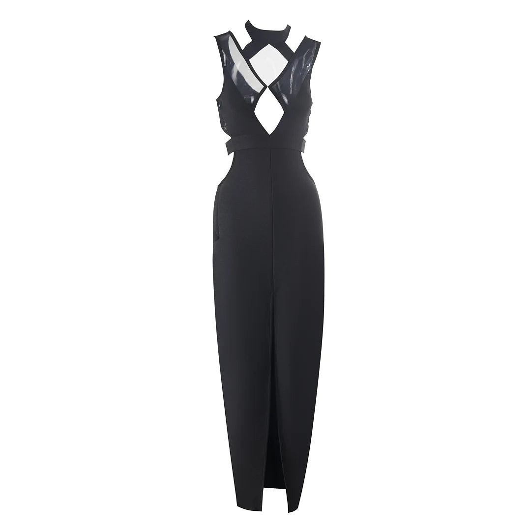 MESH HOLLOW OUT BODYCON BANDAGE MAXI DRESS