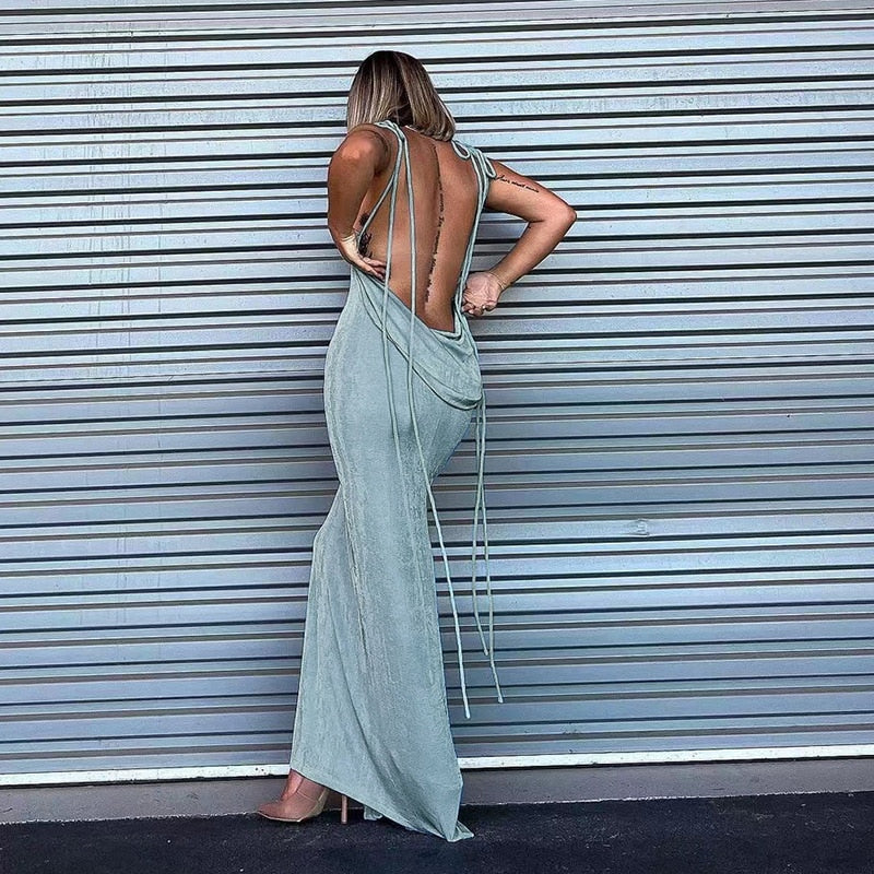 JOELLE BACKLESS LACE UP MAXI DRESS