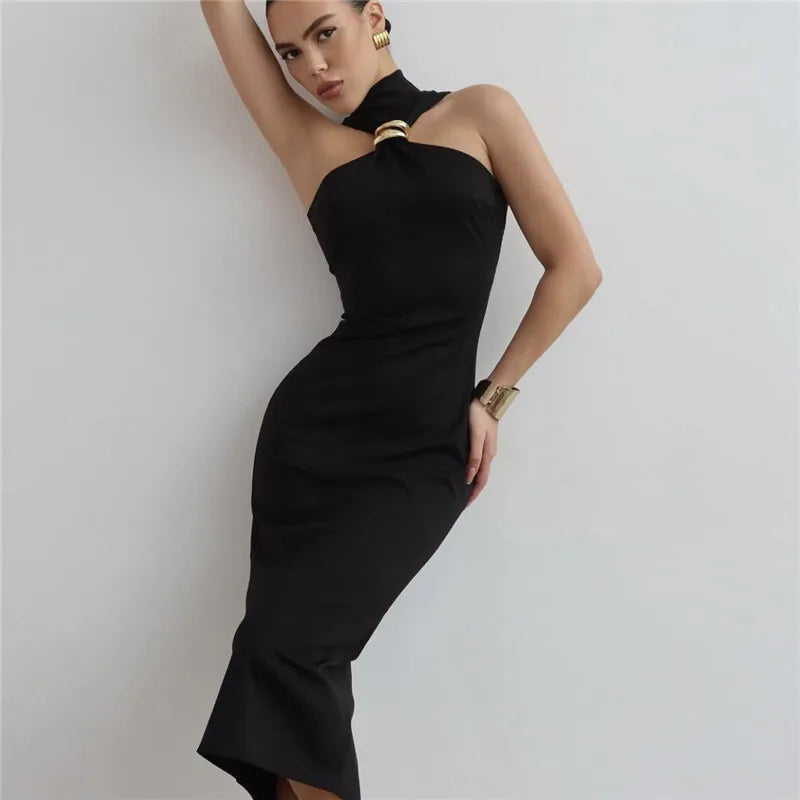 TURTLENECK OFF-SHOULDER BLACK MIDI DRESS