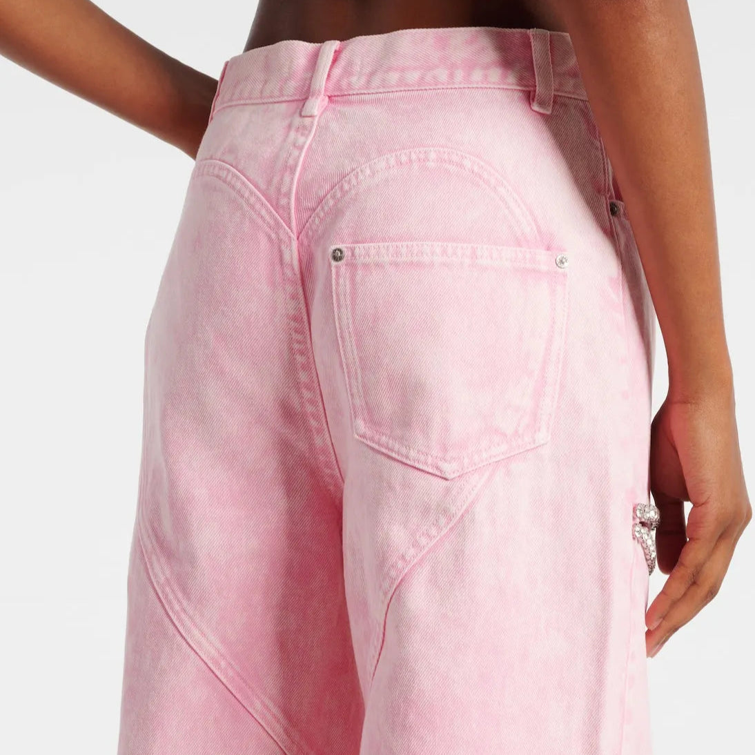 Pink High Waist Wide Leg Denim Trousers with Rhinestone Cut-Out