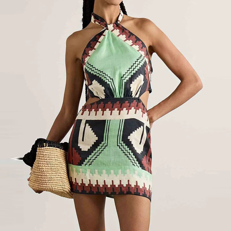 Boho Pattern Halter Mini Dress – Summer Printed Sleeveless Dress