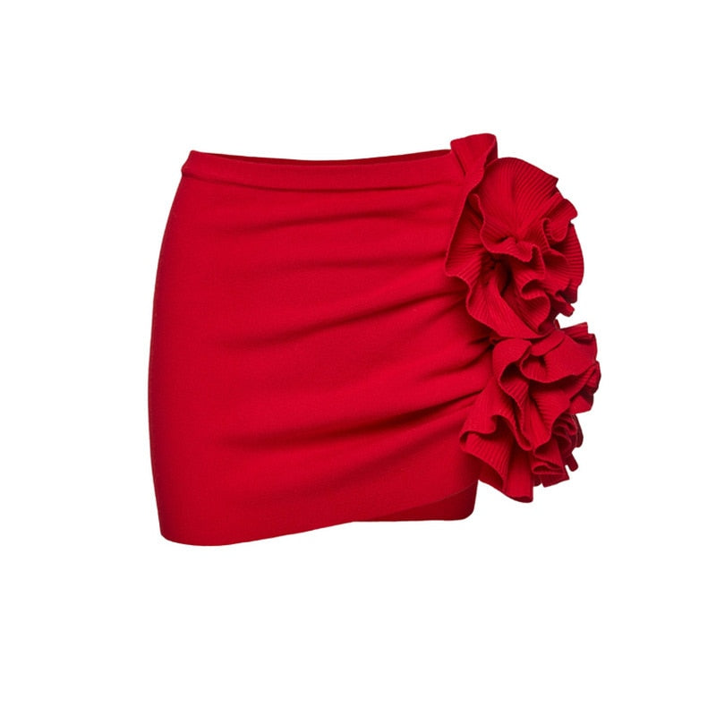 ASHLYN RED ROSE BOWS BODYSUIT / SWIMSUIT and MINI SKIRT 2 PIECE SET