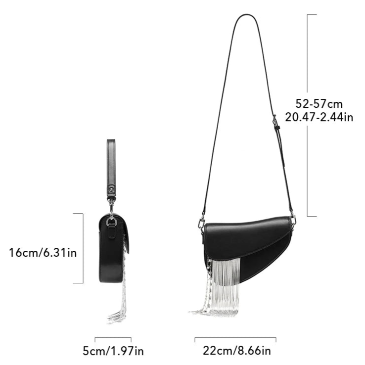 Black handbag with measurements on a white background
