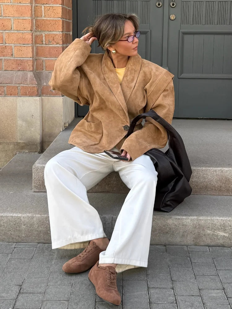 Autumn Suede Blazer for Women – Elegant One Button Lapel Jacket with Shoulder Pads | Khaki & Brown Streetwear