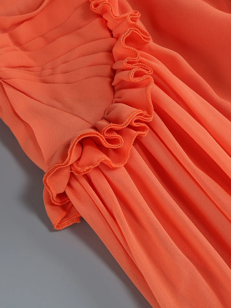 Coral Halter Maxi Dress – Backless V Neck Ruffle Evening Gown