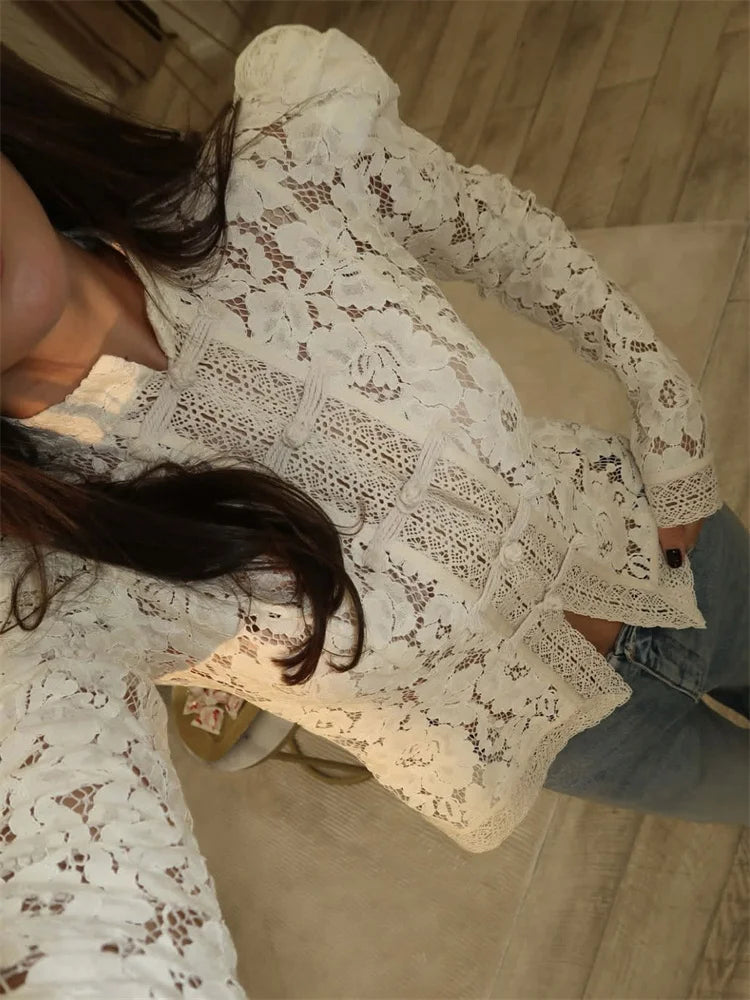 Vintage Sheer Lace Blouse for Women | Long Sleeve See-Through Top with High Neck