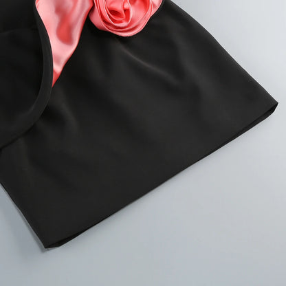 BLACK STRAPLESS MINI DRESS WAIST FLORAL DECORATION