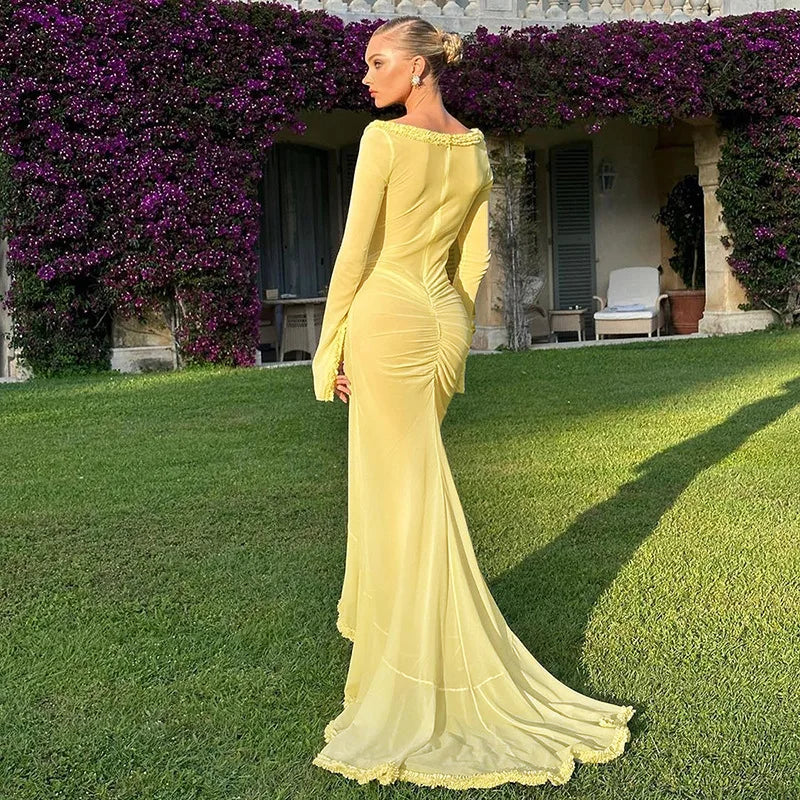 CUT OUT MESH MAXI DRESS RUFFLES SLEEVES