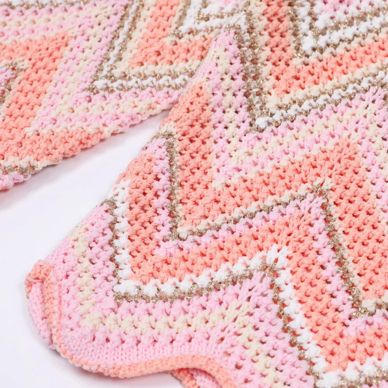 Pink Zigzag Knit Co-Ord Set – Sleeveless Top, Cardigan & Wide-Leg Pants