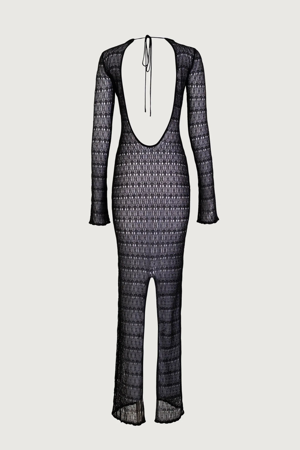 Black lace jumpsuit on a light gray background