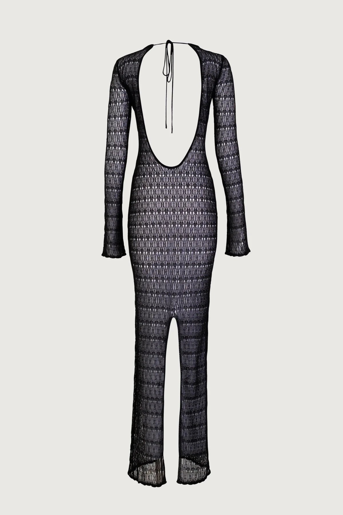 Black lace jumpsuit on a light gray background