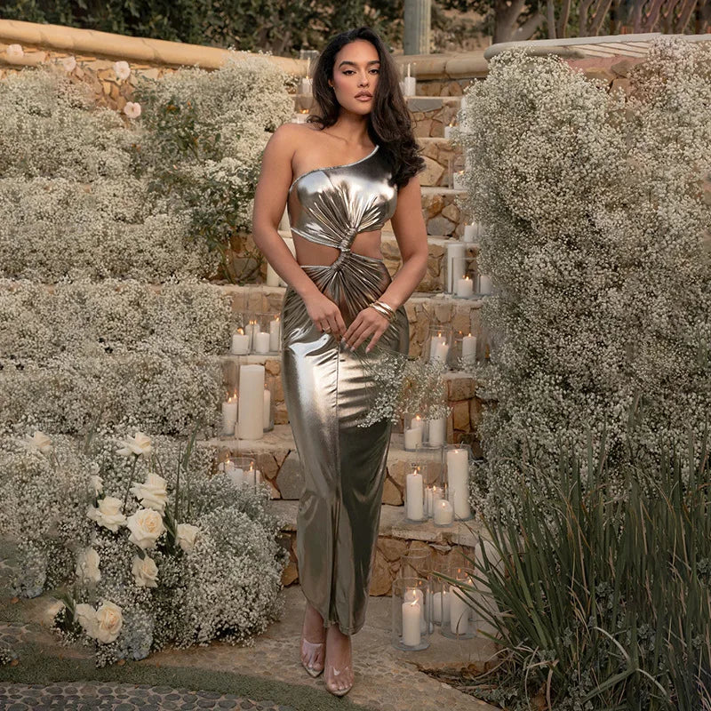 ONE INCLINED SHOULDER SILVER MIDI DRES