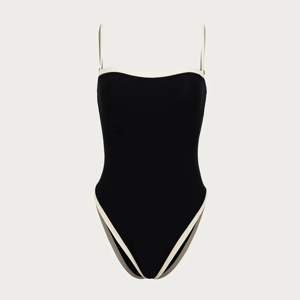black and white one-piece swimsuit, brazilian cut swimwear, minimalist swimsuit for women, summer beachwear, luxury swim fashion