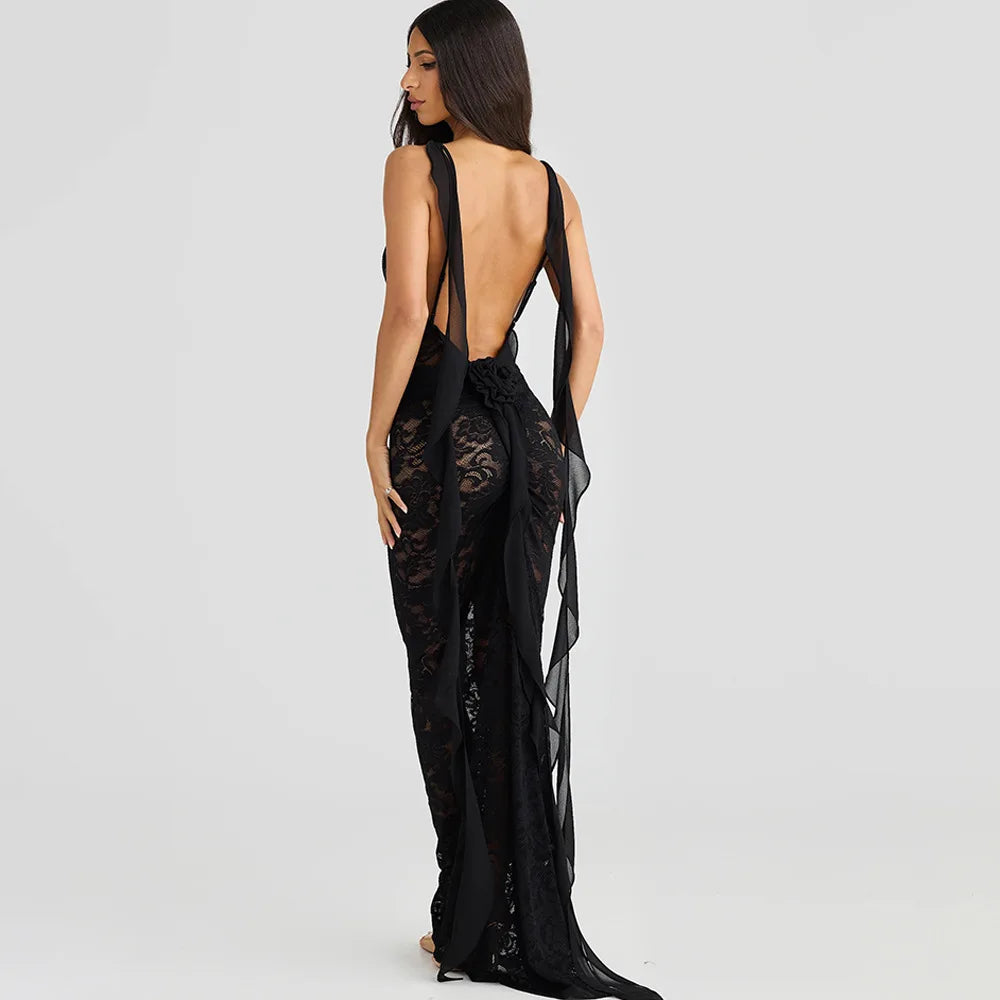 LACE BACKLESS TRAILING MAXI DRESS