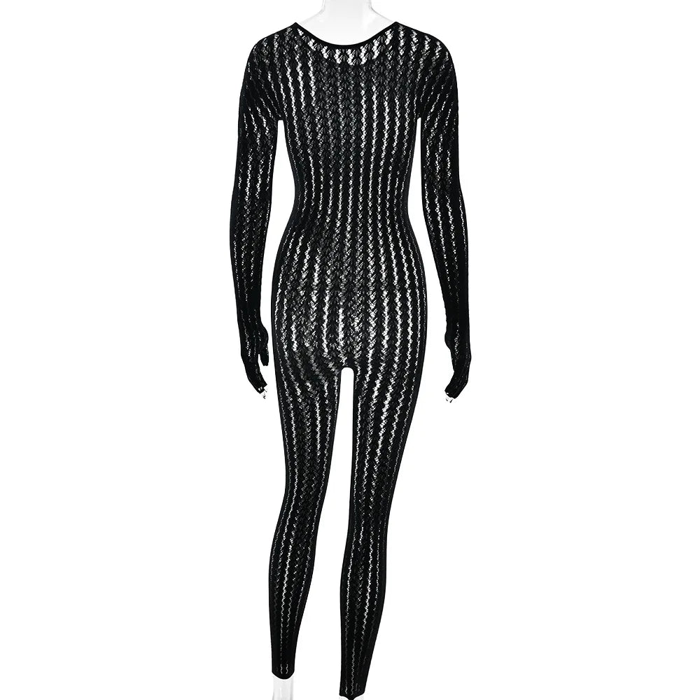 Black Seamless See-Through Jacquard Long Sleeve Jumpsuit – Women’s One-Piece Bodycon Clubwear | CTRL NUIT